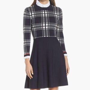 1901 Plaid Bodice Long Sleeve Sweater Dress In Navy Plaid